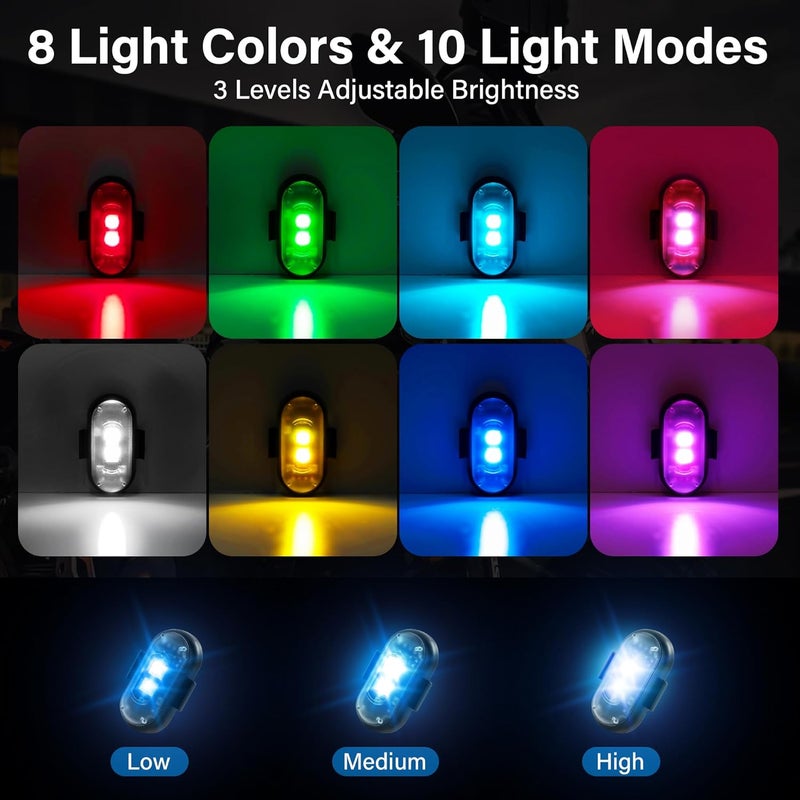 Amiline Wireless LED Lights for Car 8PCS with Remote Control, Wireless LED Strobe Lights 8 Colors USB Charge IP65 Waterproof Anti-Collision for Car Motorcycle Drone RC Aircraft Bike, Black - Image 5